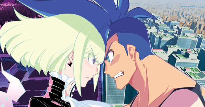 Crop of Promare poster with Lio and Galo getting all up in each other's personal space.